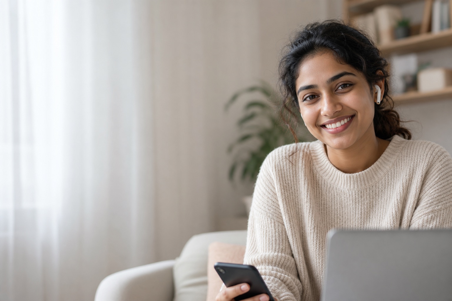 Happy young Indian woman smiling during a private video conversation on her phone